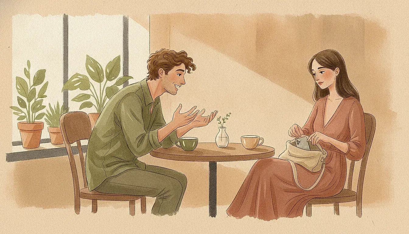 Illustration: a first date at a café table; the man leans far forward talking eagerly while the woman sits back and glances at the phone in her open handbag.