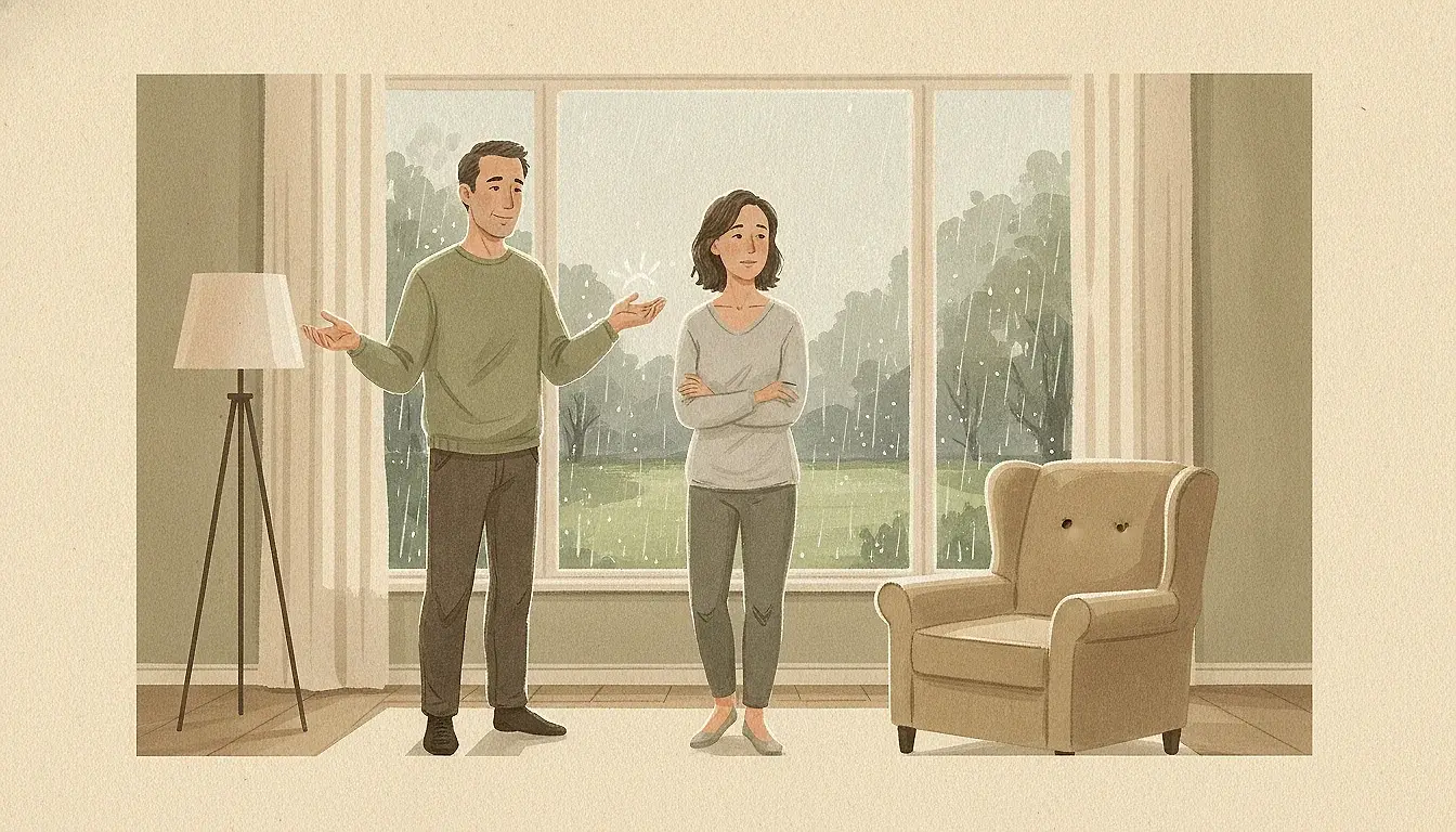 Illustration: a couple by a tall window streaked with rain; the man gestures confidently toward the glass as if the sky were clear, while the woman looks at the raindrops.