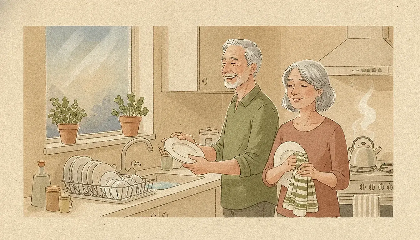 Illustration: an older couple washing dishes together at a kitchen sink — he washes, she dries with a towel — relaxed in easy conversation.