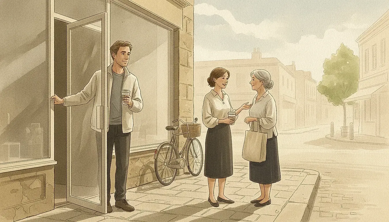 Illustration: a man holds a door open with his shoulder, a coffee cup in each hand, waiting easily while a woman finishes a conversation with an older passer-by.