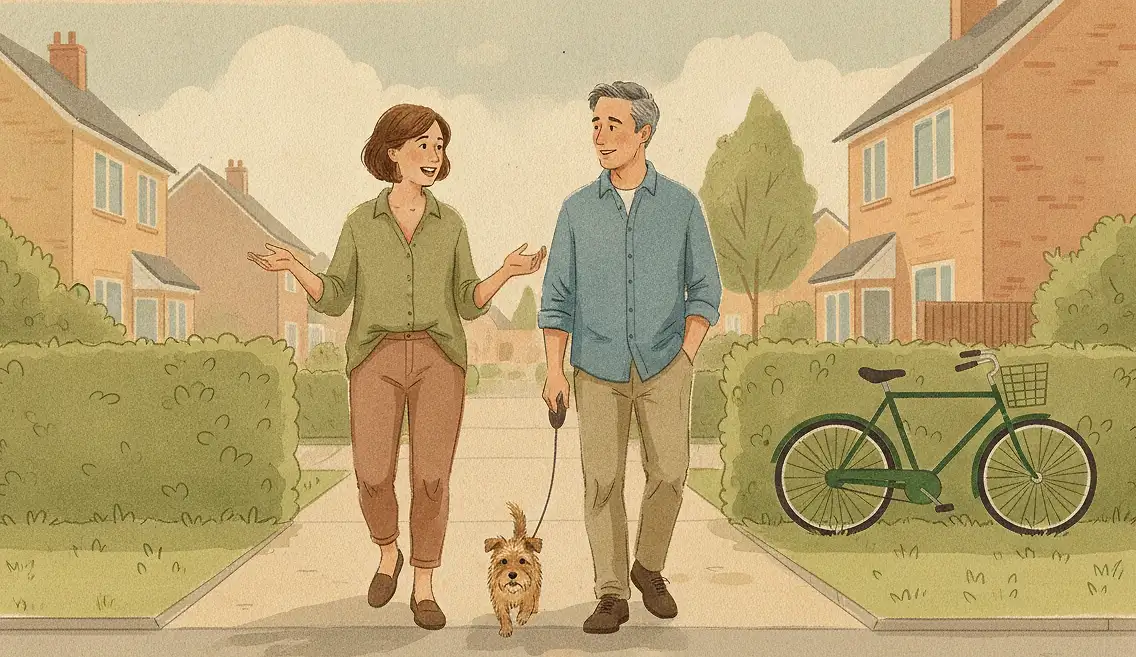 Illustration: two adults walk a small dog along an ordinary suburban pavement in afternoon light; one talks with an open hand while the other listens and glances across, both walking at the same easy pace.