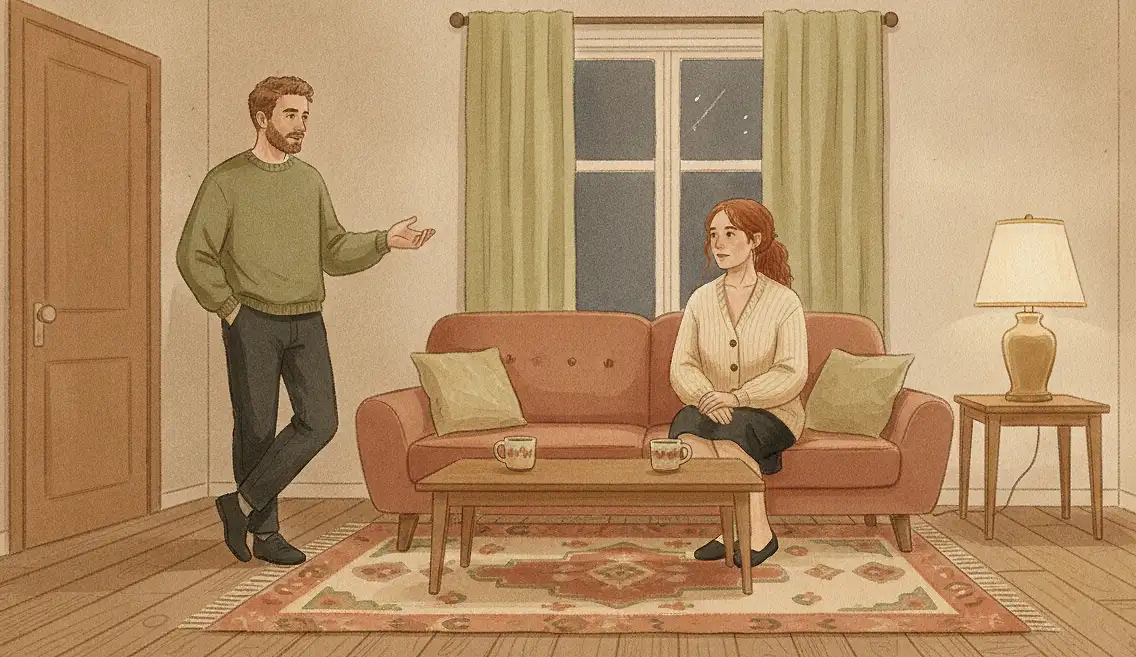 Illustration: in a warm, tidy living room in the evening, a man stands near the doorway mid-sentence with one hand raised in explanation while a woman sits at the end of the sofa, hands in her lap, listening and holding her own expression.