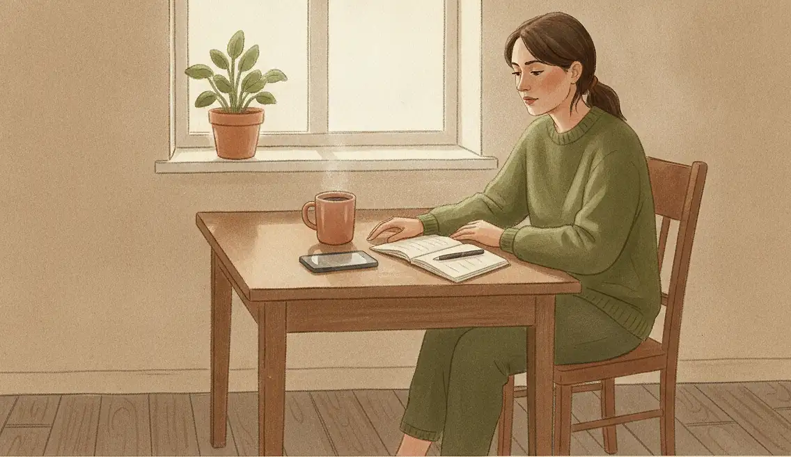 Illustration: a woman sits alone at a kitchen table in morning light, a phone face-up beside a cooling mug of coffee and an open notebook, looking at the phone with calm, unhurried attention.
