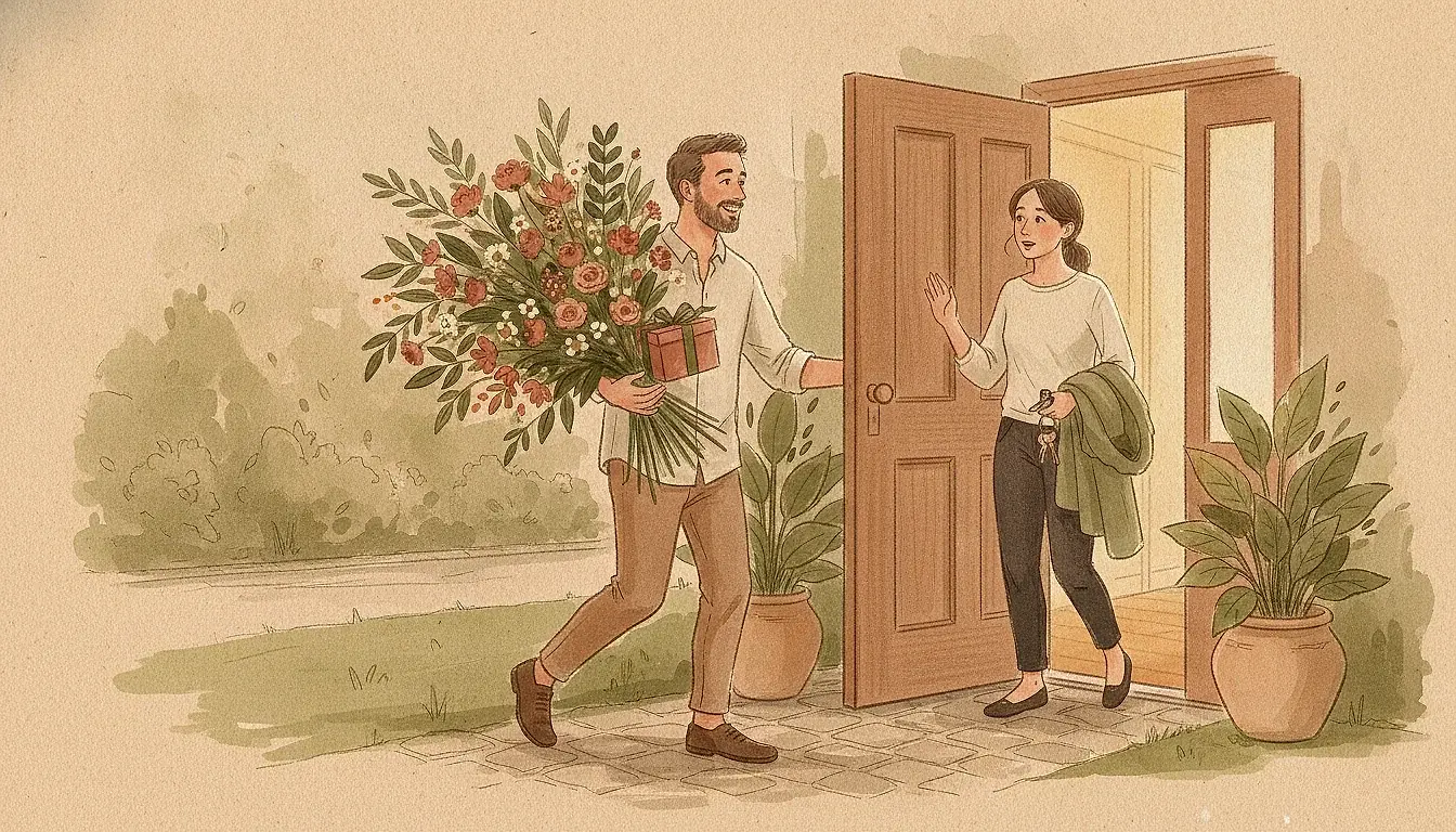 Illustration: a man presents an oversized bouquet with a wrapped gift at a woman's front door; she leans back slightly in her doorway, keys and coat in hand.