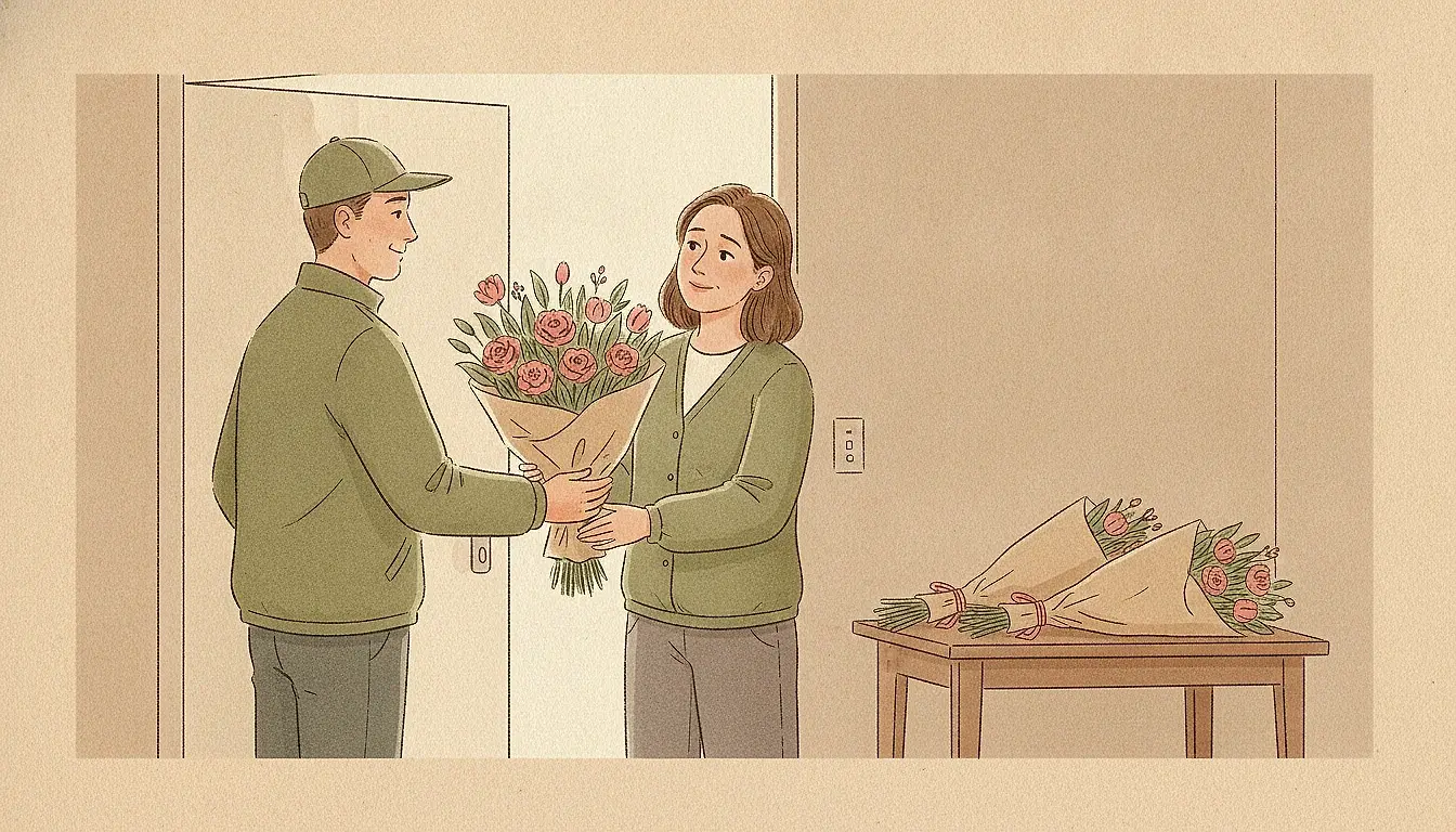 Illustration: a courier hands a woman a third bouquet at her door while two earlier bouquets, still in wrap, lie on the table behind her; she looks bewildered.