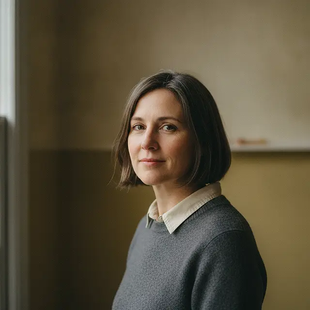 A woman in her late forties in a plain charcoal jumper, turned three-quarters away from the camera with her eyes back to the lens in soft window light, a wall the colour of kraft paper and the blurred edge of a shelf behind her.