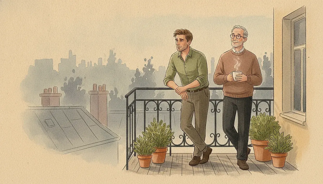 Illustration: two men on an evening balcony; one talks leaning on the railing while the other holds his cup and listens with a thoughtful pause.