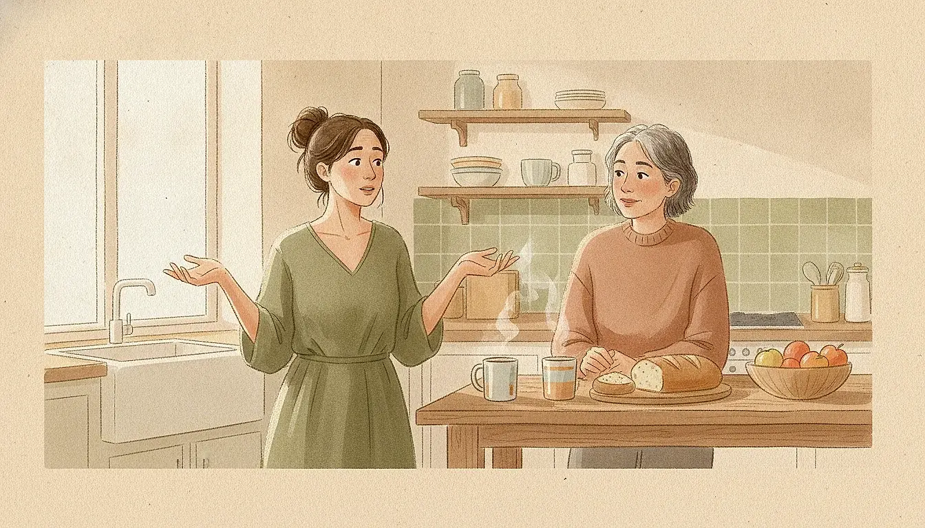 Illustration: a woman mid-story in a friend's kitchen, hands paused in the air, while her friend leans on the counter and listens over two mugs of tea.