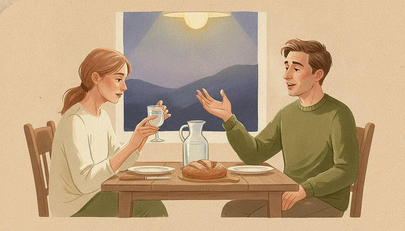 Illustration: a couple at a dinner table in the evening; the man talks and gestures with one hand while the woman, her plate empty, looks quietly into her glass.