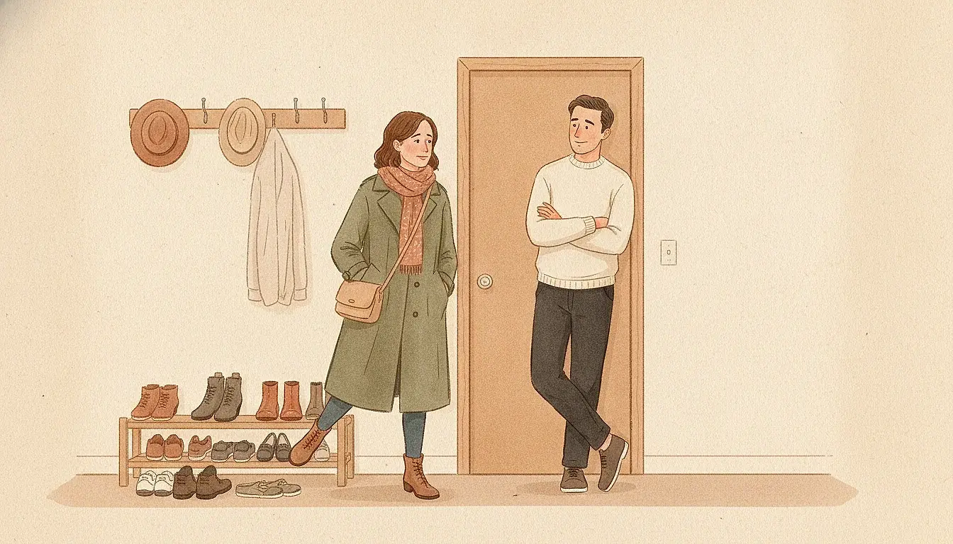 Illustration: a woman dressed to go out pauses in a hallway while a man stands between her and the front door, leaning casually against the doorframe mid-sentence.