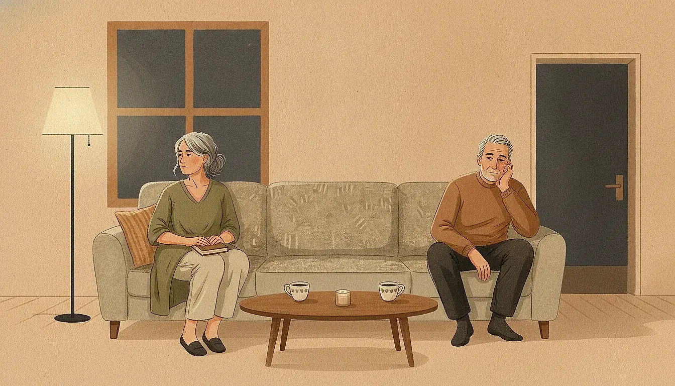 Illustration: a couple at opposite ends of one sofa in lamp light, turned away from each other, a long stretch of empty cushion between them.