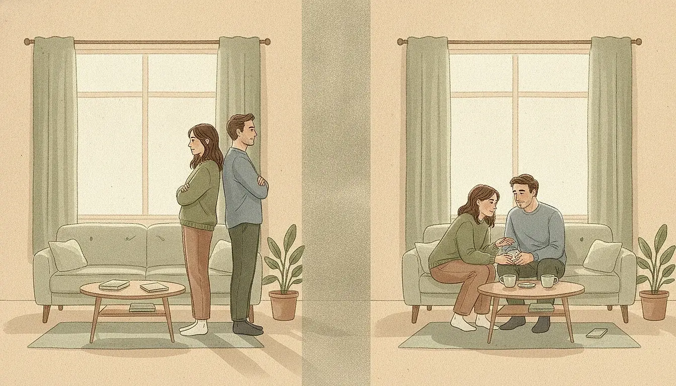 Illustration: one room shown in two halves — on the left a couple stands back to back in tension by the window; on the right the same room, the couple sits side by side at the table over cups.