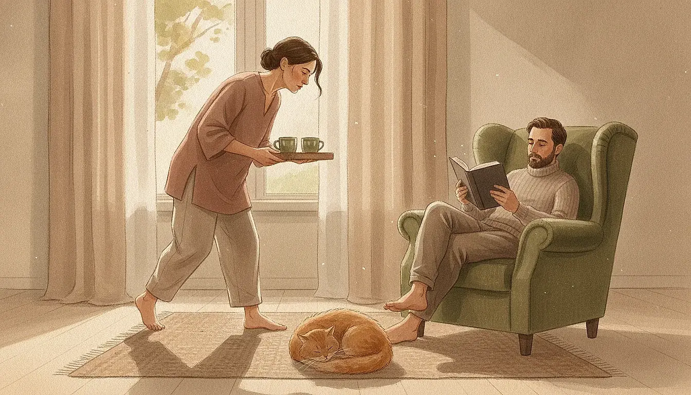 Illustration: a woman carries a tray with two cups across a living room on tiptoe while a man reads in an armchair, the whole room hushed and still.